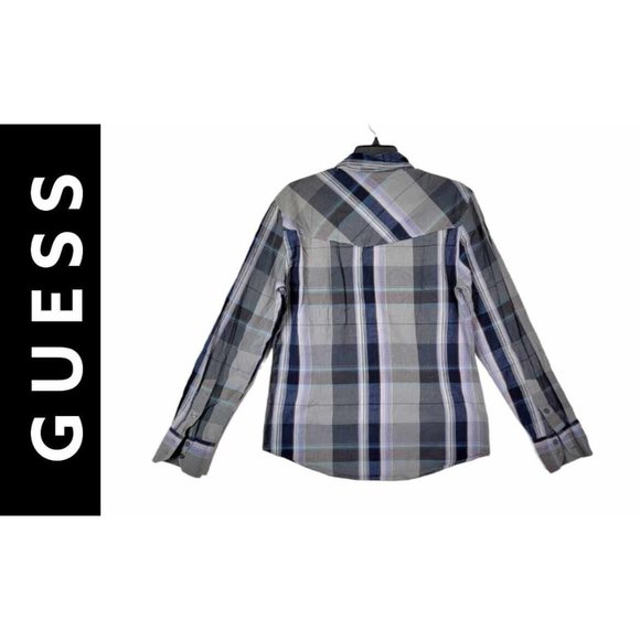 G by Gues Men's Size Medium Plaid Polo Dress Shirt Gray Cotton Long Sleeves - Picture 2 of 8